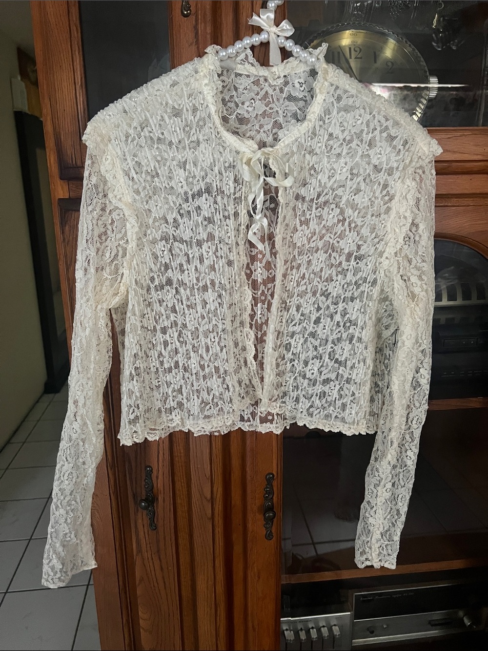Women's Sheer Lace Tie-Front Cardigan - Cream